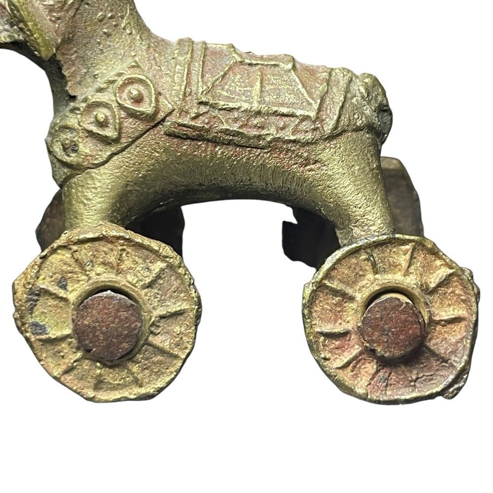 Antique Vintage India Shrine Temple Toy Brass Metal Elephant Rider Wheels Hindu - Picture 6 of 16
